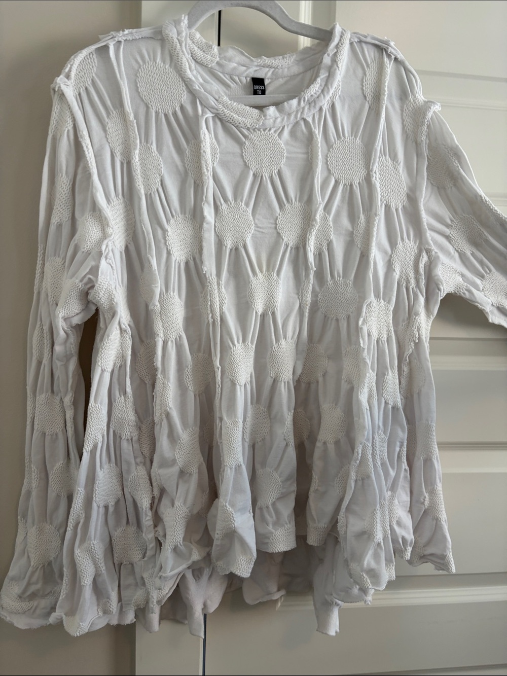 Dress to Kill Women's White Textured Dot Long-Sleeve Top